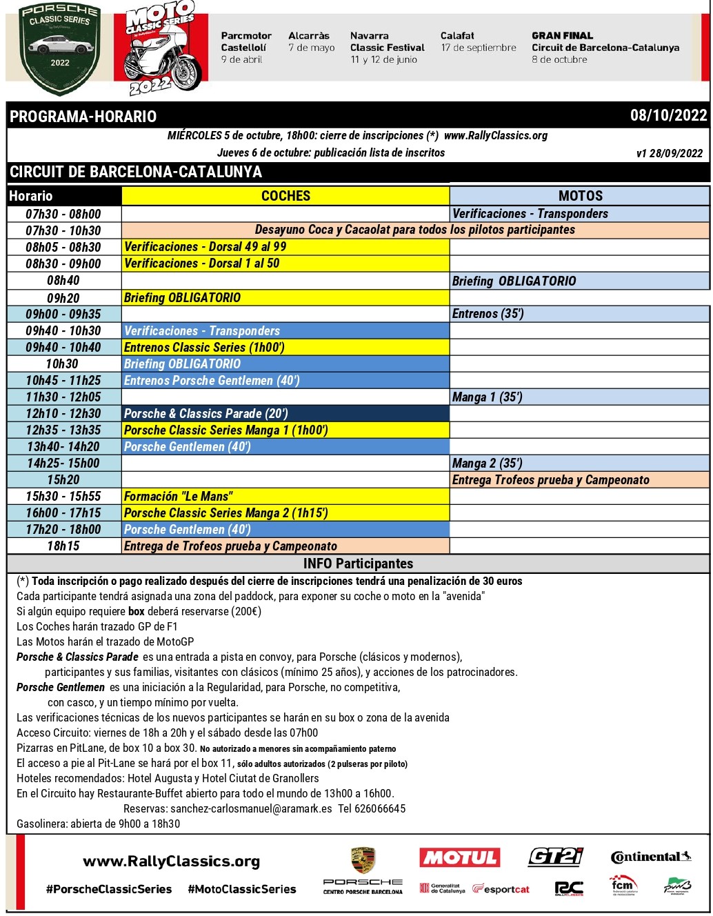programme - horaires Porsche Classic Series Circuit de Barcelona Catalunya 2022